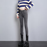 High Waist Velvet Thickening Denim Female Stretch Feet Pants