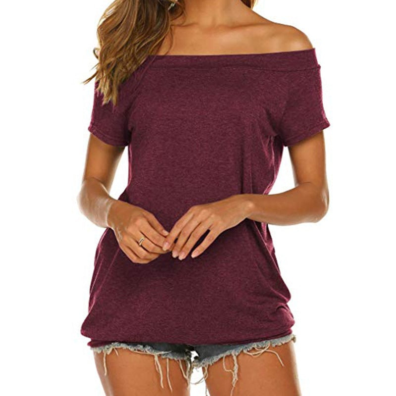 Jersey de mujer Color sólido Manga corta Fuera del hombro Camiseta casual holgada