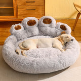 Cama para perros y gatos, estera redonda para mascotas grandes, casa larga de felpa para dormir profundo, cálida forma de pata de oso, cojín súper suave, camas tranquilas