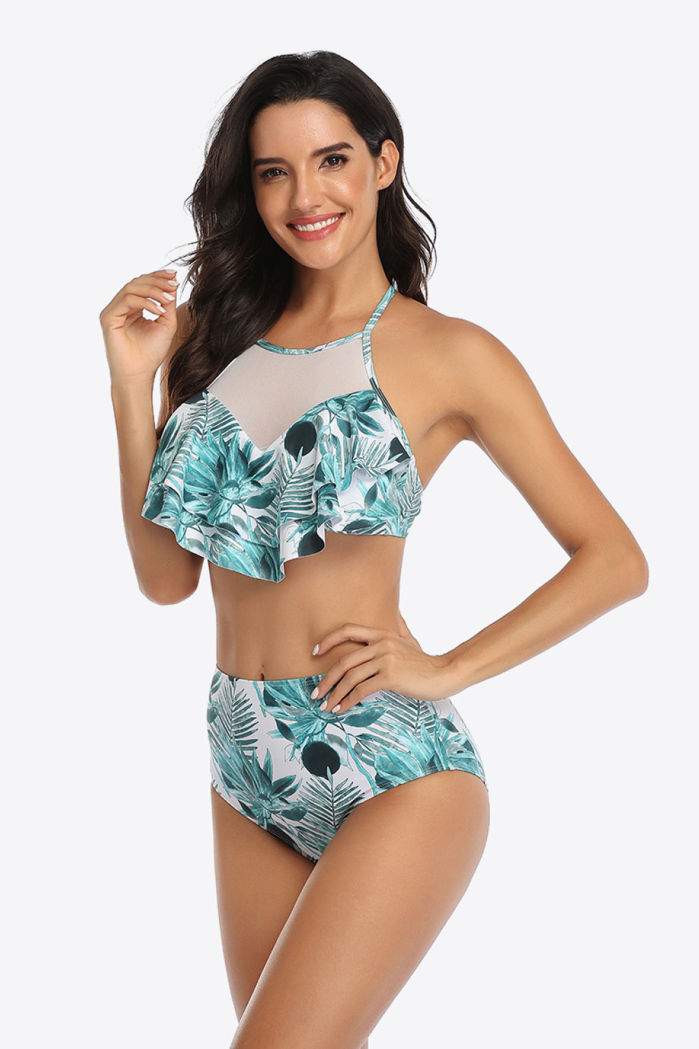 Traje de baño de dos piezas con volantes y estampado tropical