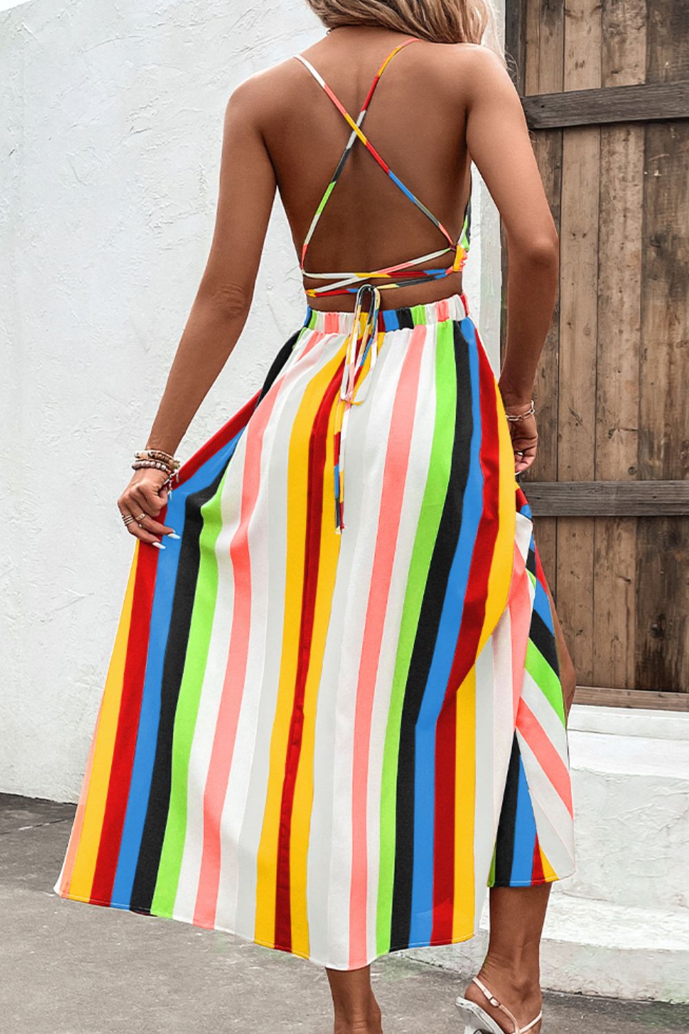 Multicolored Stripe Crisscross Backless Dress