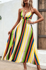 Multicolored Stripe Crisscross Backless Dress