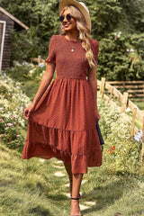 Swiss Dot Smocked Round Neck Short Sleeve Midi Dress