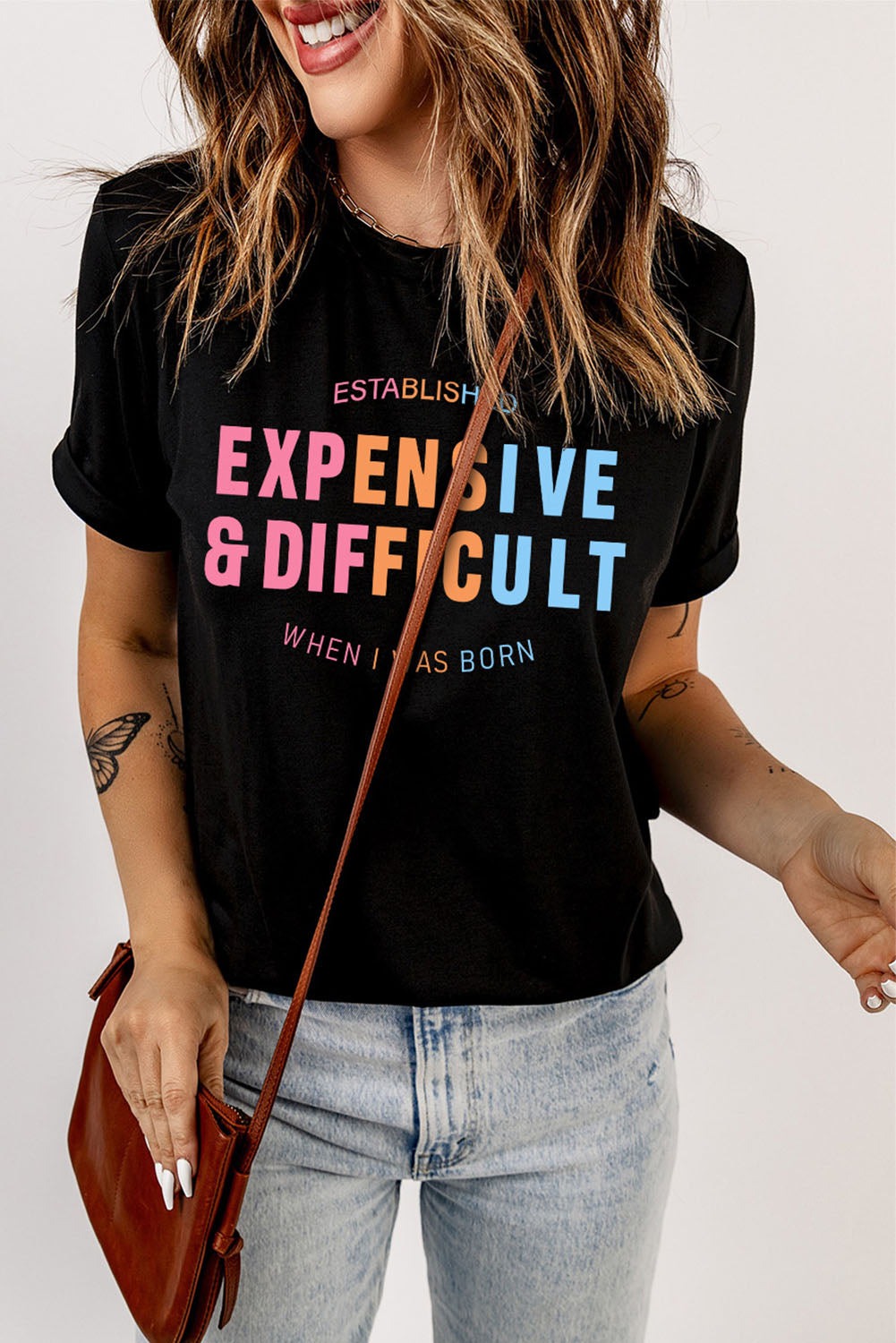 Camiseta con estampado de slogan y manga con puños