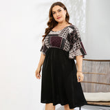 Plus Size Printed Two-Tone Flutter Sleeve Dress