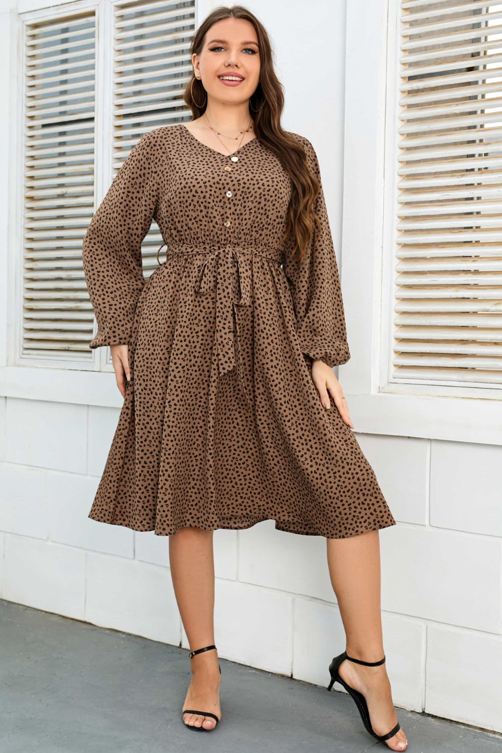 Plus Size Printed V-Neck Balloon Sleeve Tie Waist Dress