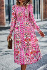 Vestido midi fruncido con cuello redondo y manga farol