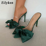 Eilyken Silk Butterfly-knot Slippers Mule High Heels Women Sandals Flip Flops Pointed toe Strappy Slides Party Shoes