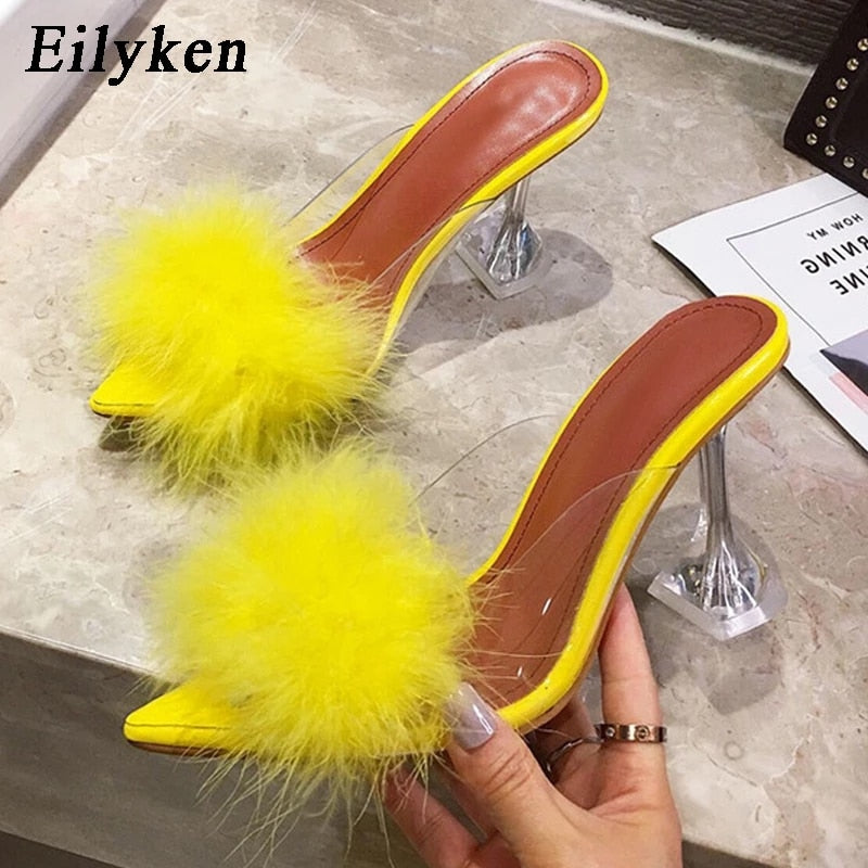 Eilyken Summer Woman Pumps PVC Transparent Feather Perspex Crystal High Heels Fur Peep Toe Mules Slippers Ladies Slides Shoes