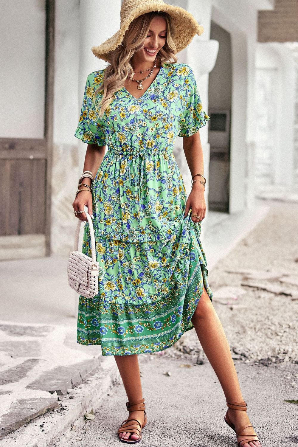 Drawstring V-Neck Short Sleeve Midi Dress