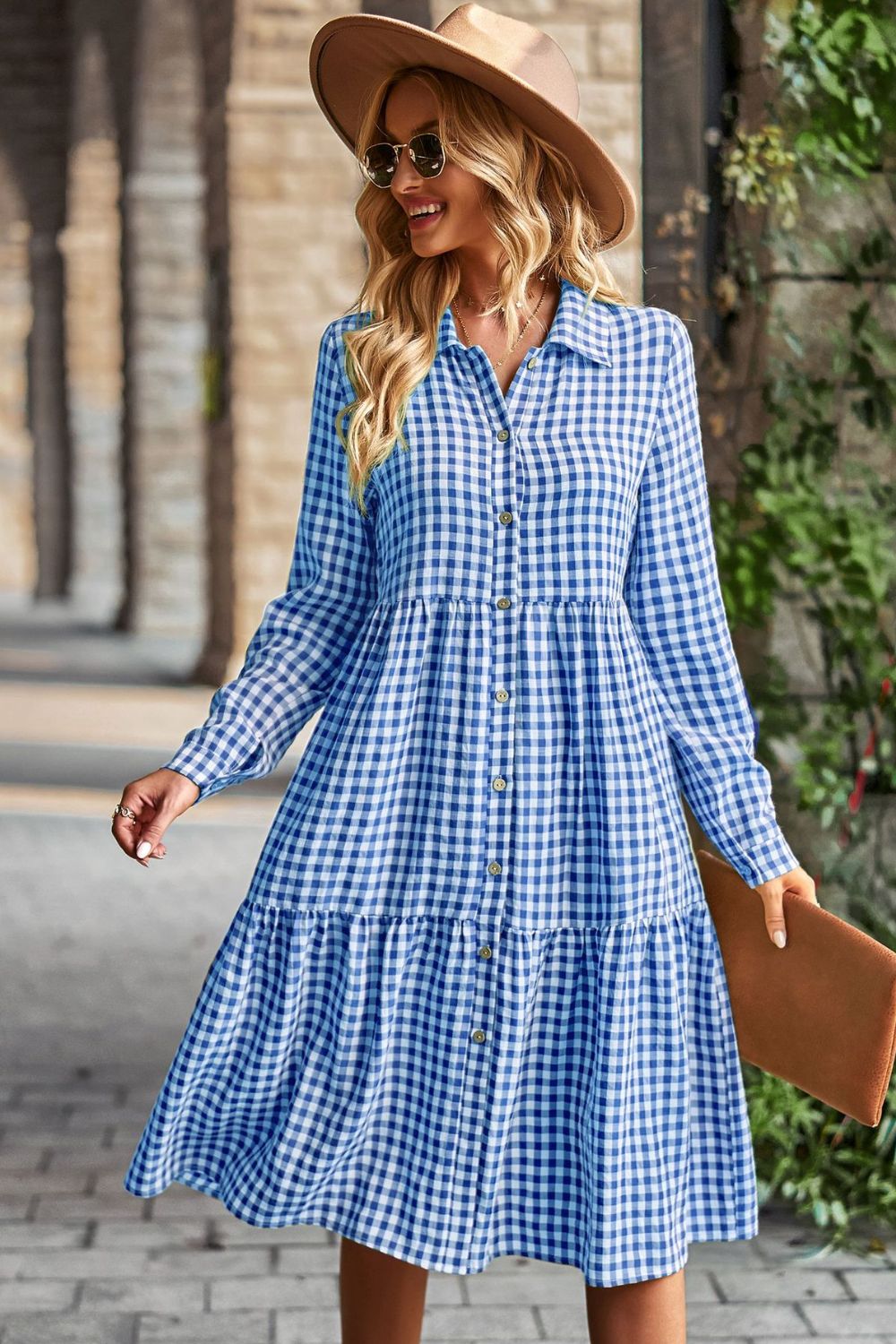 Collared Neck Long Sleeve Midi Dress