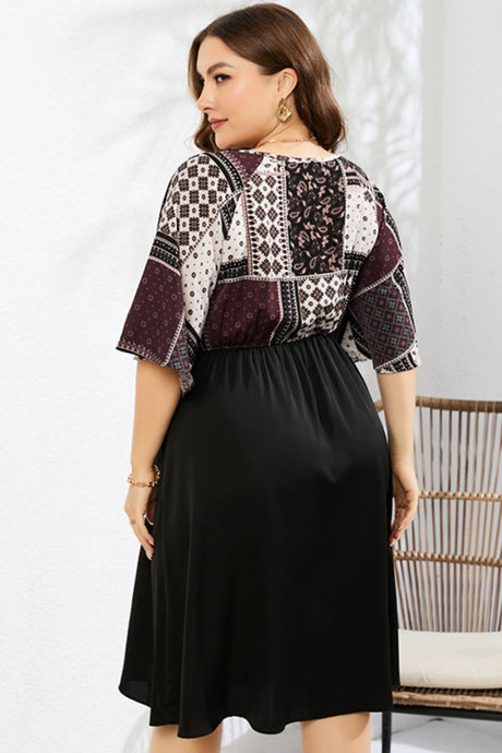 Plus Size Printed Two-Tone Flutter Sleeve Dress