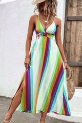 Multicolored Stripe Crisscross Backless Dress