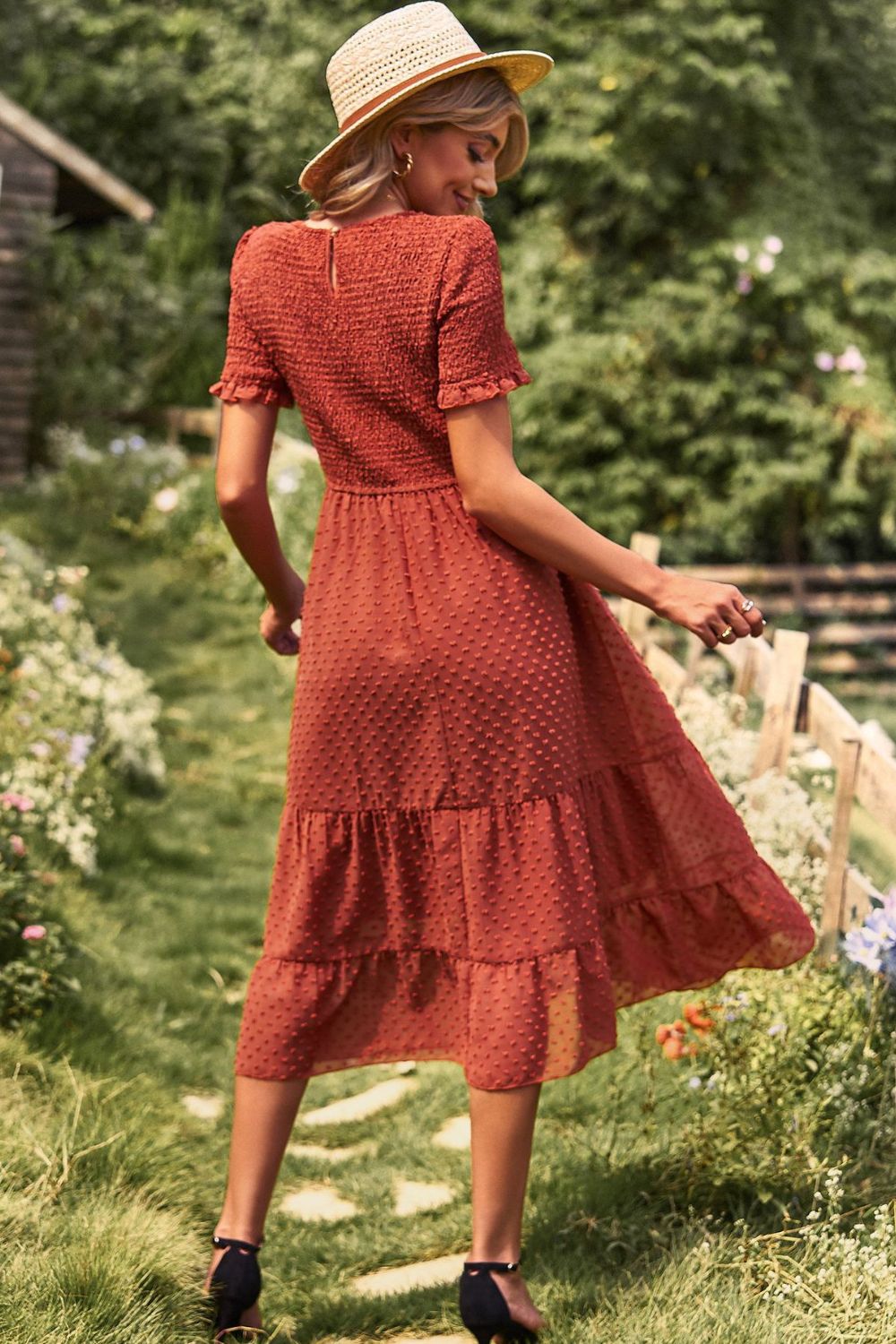 Swiss Dot Smocked Round Neck Short Sleeve Midi Dress