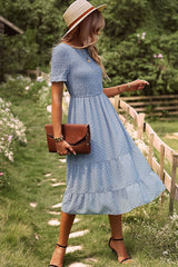 Swiss Dot Smocked Round Neck Short Sleeve Midi Dress