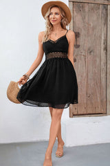 Swiss Dot Spaghetti Strap Spliced Lace Dress